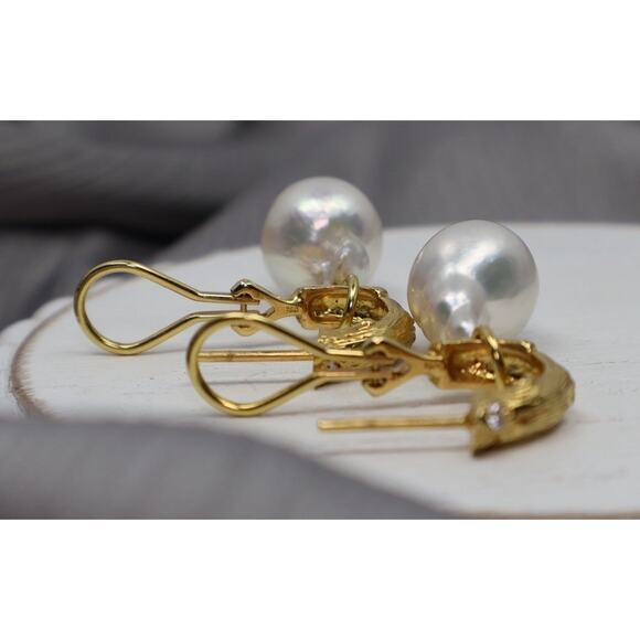 18k Yellow Gold Diamond & Pearl Hoop Earrings 14.67G/1.4in - Picture 3 of 8